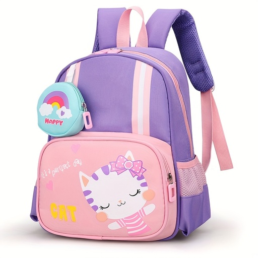 [17598759232943] Moqueta de Niñas con Diseño de Gato y Arcoíris - Bolso Escolar Ligero y Duradero para Edades 3-6 Años, Cierre de Cremallera & Bolsa Desmontable para Preescolar, Mochila Infantil Divertida, Accesorio Lúdico, Correas Fáciles de Portar