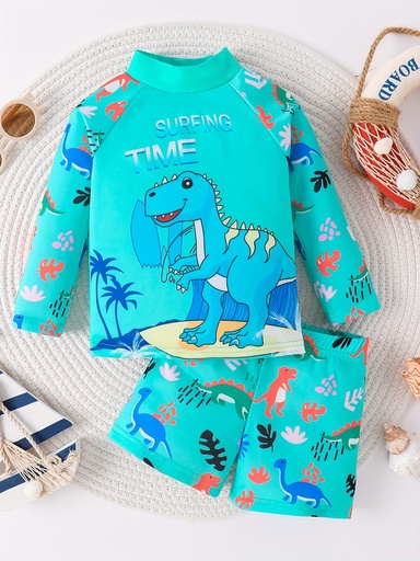 [17592534581372] 2 piezas de lindo traje de baño con estampado de dinosaurio para niños, conjunto de camiseta de manga larga y bañador, traje de surf elástico, ropa de baño para niños para vacaciones de verano en la playa.