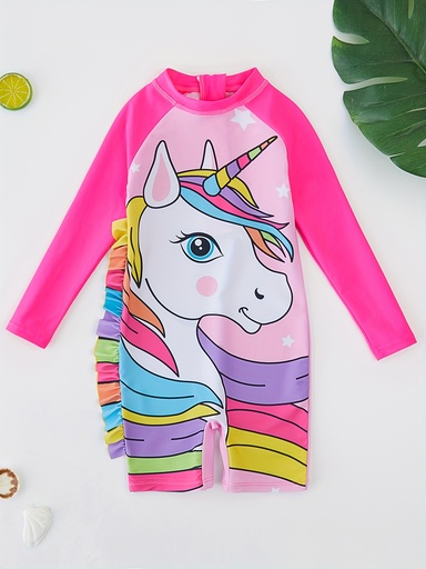 [17596684096879] Traje de Baño de Una Pieza con Manga Larga y Estampado de Unicornio Arcoíris para Niñas, Lindo en Encaje, Ideal para la Playa en Verano, Edad 4-8 Años