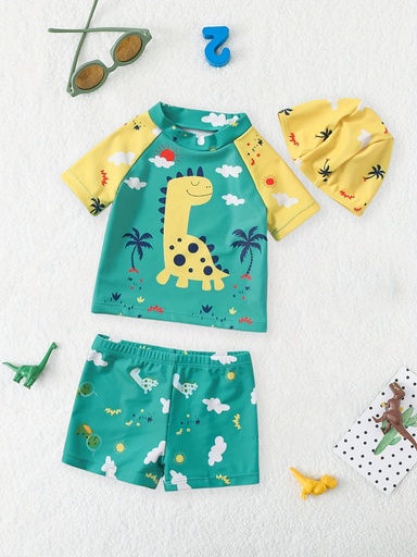 [17600585426606] Conjunto de trajes de baño de tres piezas con estampado de dinosaurios amarillo-verde para niños - Camiseta de manga larga con palmeras y nubes, pantalones cortos con diseño de dinosaurios y hojas, accesorios que se ajustan, perfecto para divertirse en la playa o en la piscina, ropa de dinosaurios.