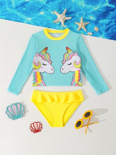 [17595269427310] Conjunto de trajes de baño con estampado de unicornio - Diseño de dibujos animados lindo con cuello fruncido, mangas cortas y tejido de estiramiento medio, perfecto para jugar en la piscina o en la playa, traje de baño para jóvenes.