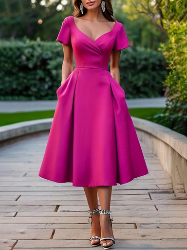 [17618924167914] Vestido de Verano Elegante para Mujer con Manga Corta y Corte A - Vestido A-Line Lavable a Máquina con Cuello, Color Sólido Corto para Bodas, Eventos de Iglesia, Fiestas de Oficina - Ocasiones Casuales a Elegantes