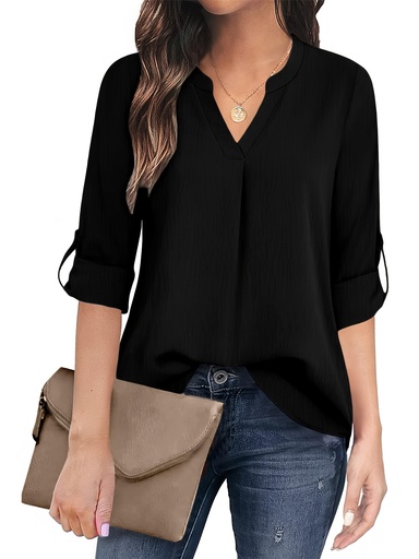 [17593698246264] Blusa Casual de Mujer con Escote en V y Puños Enrollados - Poliéster Ligero de 160gsm, Lavable a Máquina, Color Sólido, Top Versátil para Todas las Estaciones para la Oficina y Atuendos Casuales, Ropa Todo Temporada | Detalles Fruncidos | Ajuste Cómodo, Blusas para Damas