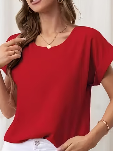 [17604854421577] Camiseta casual de mujer con mangas enrolladas - Color sólido vibrante rojo, ligero y fresco para el verano, ajuste relajado para atuendos informales, ropa versátil | Estilo batwing | Textura suave, camisetas de mujer