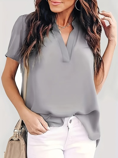 [17597054493899] Blusa de chiffon de manga corta con cuello en V para mujer - Color sólido, ajuste holgado, estilo casual y elegante para todas las estaciones, perfecto para atuendos informales, blusas de mujer.