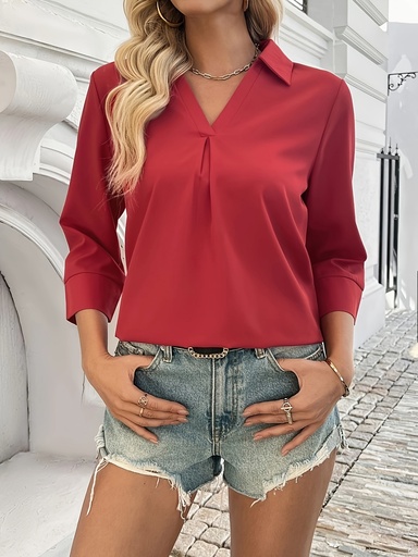 [17592899949709] Blusa de cuello en V de color sólido elegante para mujeres, mezcla de poliéster, tejida, mangas de tres cuartos de largo, para primavera/otoño