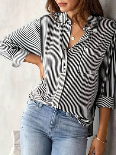 [17610769876170] Elegante camisa de mujer a rayas con botones - Blusa de manga larga para oficina y uso diario con cuello clásico, tops profesionales y casuales para mujer para todas las estaciones, ropa versátil, estilo sofisticado, tejido de calidad, top elegante, amantes de la moda