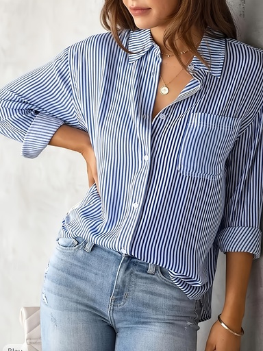 [17609331714580] Camisa de Mujer Casual a Rayas, Top con Cuello y Botones Largo para Verano Primavera, Ajuste Regular
