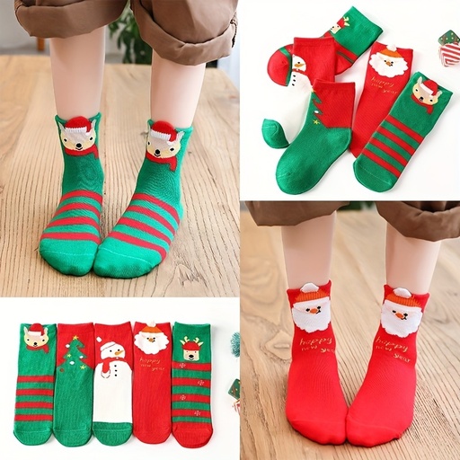 [17592974910737] Calcetines navideños de 5 pares para niños, mezcla de algodón, transpirables, rojo de dibujos animados, longitud media de la pantorrilla, lavado a mano o limpieza en seco, de temporada, moda infantil, tejido de punto.