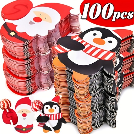 [17610125771426] 100 Tarjetas Navideñas Festivas de Cana de Azúcar - Diseños de Papá Noel, Pingüino y Muñeco de Nieve con Nudos a Cuadros Rojos y Blancos, Perfectas para Regalos Navideños, Recuerdos de Fiesta y Intercambios en el Aula, Decoraciones Navideñas