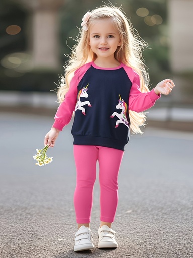 [17604709529205] Conjunto de Unicornio Lindo para Niñas, Diseño en Bloques de Color, Estilo Urbano y Divertido, Ropa Casual, Material Cómodo, Mangas Raglán, Ideal para Salir al Aire Libre