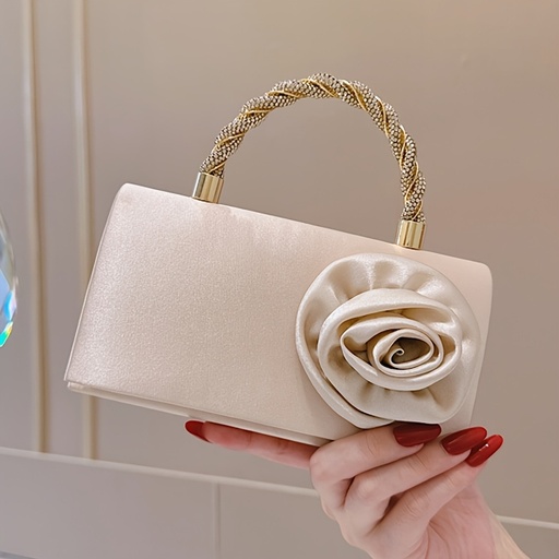 [17597309082051] Cartera elegante de satén con estampado floral para noche, con correa ajustable y cierre de solapa, color beige, bolso de lujo para bodas y fiestas, accesorio formal de alta calidad en poliéster para mujeres