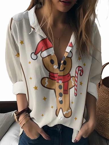 [17617145029328] Blusa de Navidad para Mujer con Estampado de Pan de Jengibre para Hombre - Camisa de Manga Larga con Botones y Pan de Jengibre para Hombre y Varitas de Jengibre, Diseño Vibrante y Festivo, Top Casual Holgado para Fiestas Navideñas, Camisas de Navidad