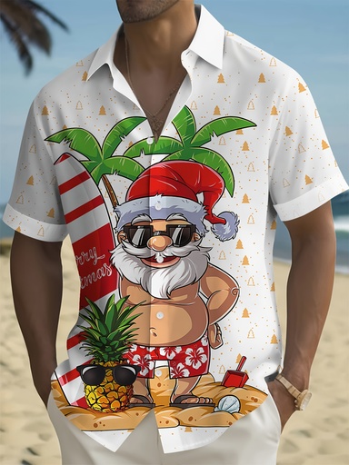 [17616572285176] Camisa de Manga Corta con Cuello para Hombre - Estampado 3D de Santa Claus en Cuerpo Completo, Ajuste Holgado y Casual para Fiestas Navideñas, 100% Poliéster, Lavable a Máquina - Regalo Perfecto para Papá, Esposo o Novio