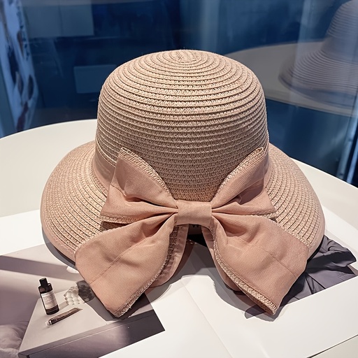 [17600265426439] Sombrero de paja hecho a mano para mujer con borde fruncido