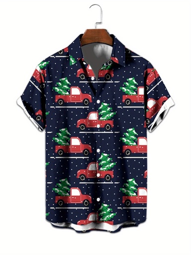 [17611120097825] Camisa de manga corta para hombre con estampado de camión navideño - Diseño festivo rojo y verde para las fiestas, cuello abotonado, ropa casual de verano para vacaciones en la playa, citas y regalos de Navidad, camisa de Navidad, ropa de vacaciones, diseño divertido, tela sin elasticidad