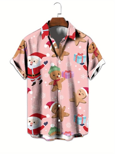 [17611117724825] Camisa de Navidad para Hombre - Estampado de Papá Noel, Hombres de Pan de Jengibre y Regalos, Blusa Abotonada - Tejido Ligero sin Elasticidad - Camisa Clásica Formal y Casual para Fiestas Navideñas, Citas, Vacaciones en la Playa - Regalo de Navidad Perfecto para Él - Cierre Fácil