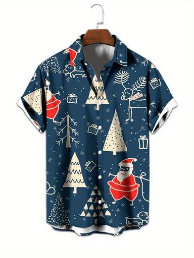[17611229018022] Camisa de Navidad para hombre - Formalidad con cuello abotonado, tela sin elasticidad, diseño clásico de árbol de Navidad y Papá Noel en azul marino/rojo - Perfecta para fiestas navideñas, citas, vacaciones en la playa - Regalo de Navidad ideal para él - Ropa casual y formal para todo el año