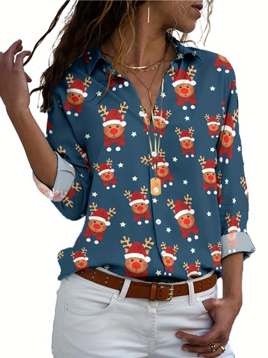 [17609627759774] Chaqueta de Mujer con Estampado Navideño en Azul Turquesa: Renos y Copos - Blusa Tipo Camisa Abotonada, Cuello Clásico Con Antenas Rojas/Verdes De Rey, Flores Nieve Brancas Y Campanas Doradas. Lavable a Maquina para Fiestas Informales e Invierno