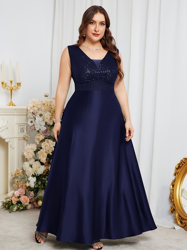 [17607262948226] Elegante vestido de cuello en V con lentejuelas con detalle que ceñe la cintura - Sin mangas