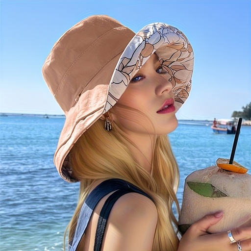 [17615578143903] Sombrero de Sol de Ala Ancha para Mujer con Cierre de Cordón Ajustable - Sombrero Ligero y Transpirable Bohemio para Playa y Uso Casual, Diseño de Flores Tropicales Beige y Marrón, Sombrero para Exteriores para Mujer para Todas las Estaciones, Tema Hawaiano, Lavable a Mano, Sombrero Elegante