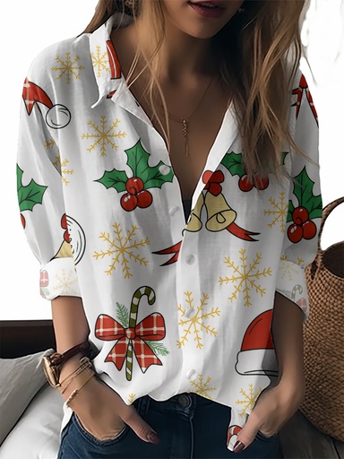 [17612032196251] Blusa de Manga Larga con Estampado Navideño Blanco para Mujer - Camisa con Cuello Puntiagudo y Botones al Frente, Estilo Chaqueta, Ropa Casual Estructurada para Invierno y Fiestas, Lavable a Máquina, Ideal para Oficina en Primavera/Otoño (Sin Elastano)