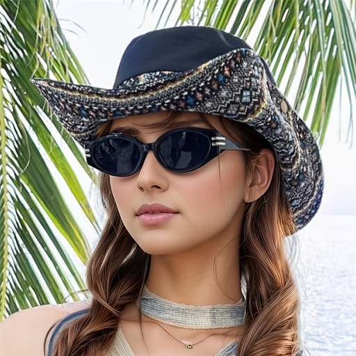 Sombrero de mujer bohemio bordado, ajustable en 2 direcciones, con ala ancha, resistente al viento, con vibrantes patrones geométricos, accesorio para viajes y senderismo en todas las estaciones, ideal para playa, montañismo, turismo, pesca, equipo de montaña, sombrero duradero