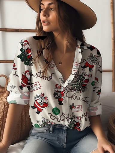 [17618175533754] Camisa de Navidad para Mujer - Blusa Holgada con Botones y Estampado de Papá Noel, Reno y Bayas de Acebo, Estilo Tropical Casual para Todas las Estaciones, Ideal para el Día a Día y las Fiestas
