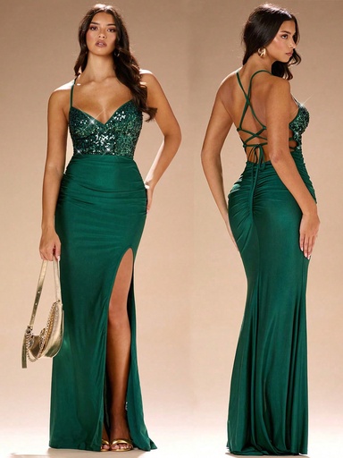 [sz2406044687179676] Glamine Vestido largo de graduación de verano con falda de lentejuelas de corte alto en la cintura alta sin espalda suspendida