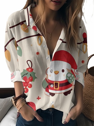 [17612737471780] Blusa de Manga Larga para Mujer con Estampado Navideño Blanco - Camisa con Cuello y Botones con Diseños de Poinsettia, Acebo y Muñeco de Nieve, Lavable a Máquina, Top Casual para Primavera/Otoño, Fiestas Navideñas, Oficina y Eventos de Invierno (Rojo Festivo/Verde/Dorado)