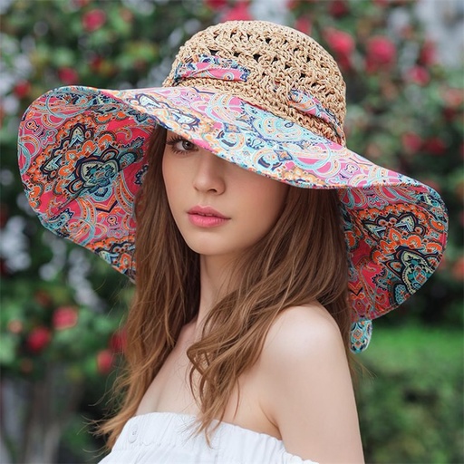 [17597650238317] Sombrero de paja étnico para mujer, primavera/verano, ala ancha, diseño vibrante, ligero y plegable, ideal para playa y actividades al aire libre, accesorios de playa | Sombrero con diseño vibrante | Sombrero ligero