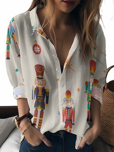 [17619093901307] Camisa de manga larga con estampado de figura de nuez moscada y adorno navideño | Cuello de solapa casual, sin elasticidad, lavable a máquina, ideal para reuniones festivas y uso diario