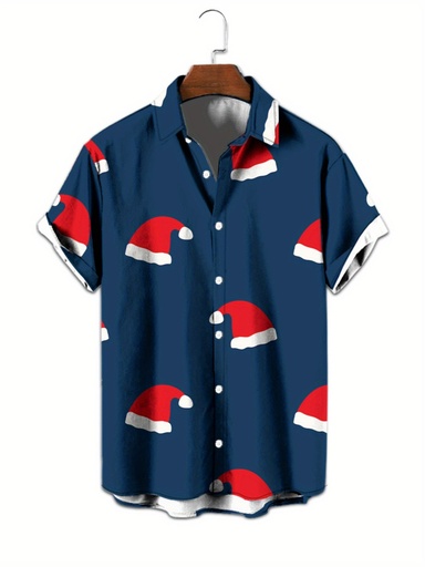 [17611119474230] Camisa de Manga Corta para Hombre con Estampado Rojo y Blanco del Sombrero Santa - Cuello Azul Marino, Botones Abotonados Ropa Veraniega Playera, Atuendo Navideño Fiesta Casual Regalo Festivo Ligereza Lavable a Maquina