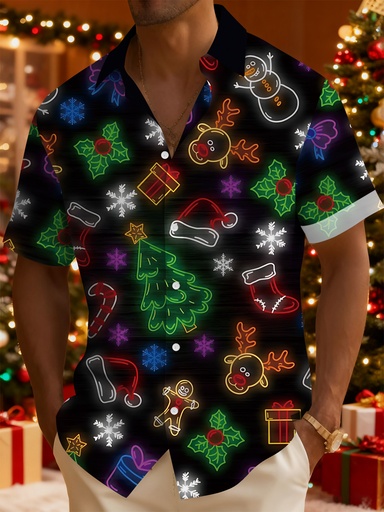[17616693696752] Camiseta de Navidad para hombre con impresión digital 3D - Manga corta neón que brilla en la oscuridad con copos de nieve, renos, bastones de azúcar y copos de nieve - 100% ropa casual y formal, ajuste holgado, regalo de vacaciones para hombres, camisetas de Navidad, atuendo festivo, diseño divertido
