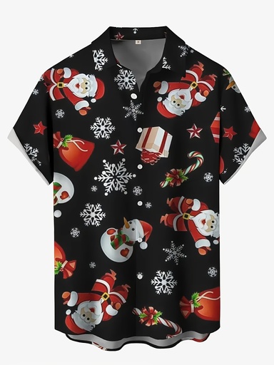 [17617688573665] Camisa de manga corta para hombre, 100% algodón, con estampado 3D de Papá Noel y renos, cuello de solapa y bolsillo en el pecho - Blusa casual con botones para todas las estaciones, ideal para fiestas navideñas