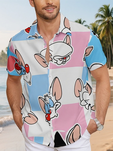 [17617064223243] Camisa Hawaiana para Hombre con Estampado de Cabeza de Ratón y Cuello - Manga Corta con Botones para Vacaciones de Verano en la Playa, Blusa Casual a Cuadros Azul/Rosa/Blanco (Lavable a Máquina)