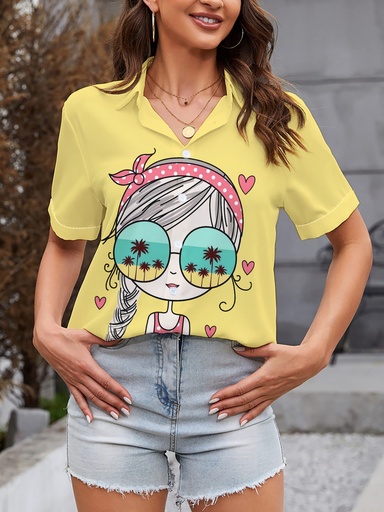[17598547815307] Camiseta de Manga Corta para Mujer - Top Casual Amarillo Vibrante con Estampado de Personajes Animados, Palmeras y Corazones, Cuello Abotonado, Lavable a Máquina para Salidas al Mar y Uso Diario, Diseño Divertido, Tela No Transparente