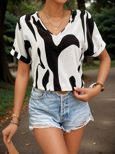 [17608471610623] Blusa Elegante de Mujer con Estampado de Cebra Blanco y Negro y Cuello en V - Manga Corta, Top Abotonado con Dobladillo con Volantes, Perfecta para Ropa Casual de Verano, Ropa Casual de Verano | Blusa con Cuello en V | Top Abotonado