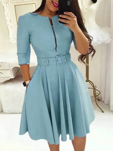 [17604263974508] Vestido A-Line de Manga Corta para Dama con Ribete Blanco y Cinturón en la Cintura - Largo Midí (Ajuste por encima/por debajo del rodilla) - Vestido sin Botones, Ideal para Bodas, Fiestas – Lavable a máquina. Conjunto Elegante Primavera/Otoño