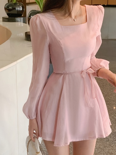 [17600208163092] Vestido mini rosa suave para mujer - Cinturilla elegante, dobladillo acampanado, tejido opaco para oficina, fiesta y uso diario - Conjuntos de primavera/otoño/verano