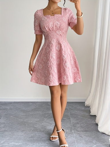 [17599825844182] Vestido elegante de flores rosas para mujer - Cuello cuadrado, mangas cortas con volantes, cintura ceñida, ligero y fresco para el verano, con patrones florales intrincados, perfecto para ocasiones informales o formales, vestido floral.