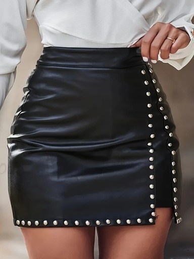 [17593394694449] Falda negra elegante con detalles de perlas, estilo casual europeo y americano, color sólido, para todas las estaciones, ideal para looks informales o ocasiones especiales