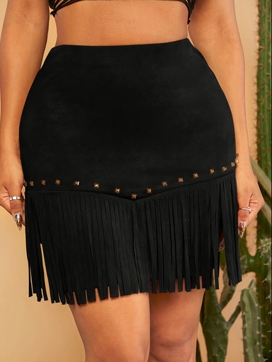 [17601913872572] Falda sexy con detalles arrugados y borde con borlas para mujer Niannian - Falda mini de línea A con cintura alta y remaches metálicos, color negro, moda primavera/verano/otoño, falda linda