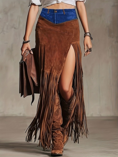 [17610895187113] Falda Bohemia Vintage con Flecos para Mujer - Vestido Largo Asimétrico con Detalle de Flecos, Tela No Elástica para Looks Diarios y Formales - Primavera/Otoño/Verano