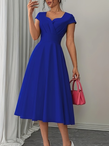 [17595965043650] Vestido Midi Elegante para Mujer con Escote de Corazón y Manga Corta - Falda Acampanada en A-Line con Cremallera Trasera, 100% Poliéster Lavable a Máquina, Azul Marino Casual o Formal Todo el Año
