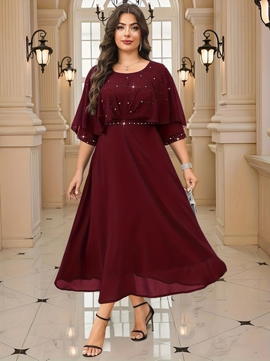 [17613586447291] Vestido de Talla Grande para Mujer, Elegante con Adornos de Estrás, Corte A - Manga Corta, Cuello Redondo, Color Sólido, Vestido de Invitada de Boda, Vestido de Fiesta, Atuendo para Ocasiones Especiales (Lavable a Máquina)