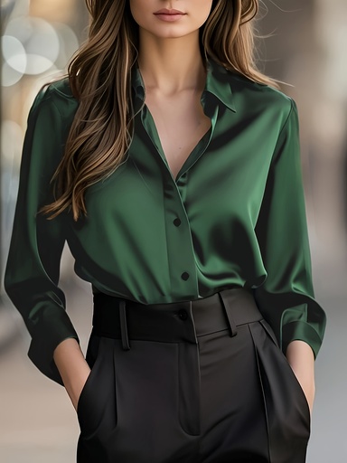 [17606204532672] Camisa Elegante para Mujer de Color Sólido - Blusa con Cuello y Botones, Ideal para Oficina o Uso Casual | Largo Clásico | Textura Suave, Camisas y Blusas Elegantes a Mano Derecha en Tallas Grandes