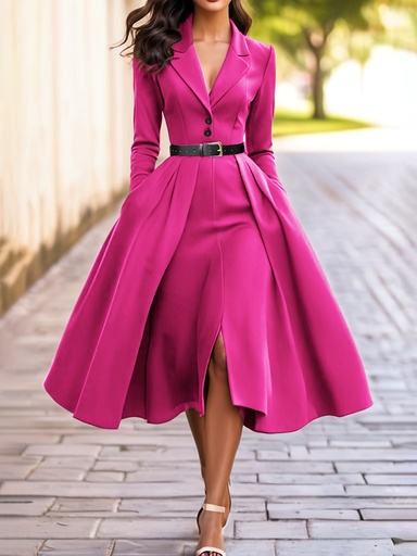 [17605895434184] Vestido elegante de mujer con cuello en V y manga larga con cinturón - Silueta acampanada de color sólido a media pierna, corte regular para primavera/otoño, ropa de oficina e casual, moda versátil | Vestido con cinturón en la cintura | Tejido de textura suave