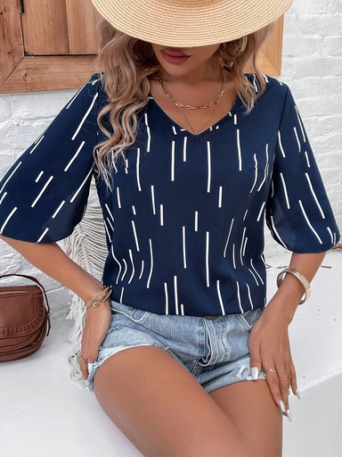 [17603242038219] Blusa para mujer en azul marino y blanco con líneas verticales