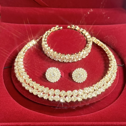 [17605884113592] Set de 4 piezas: Collar, Aretes y Pulsera con Detalles de Pedrería Dorada